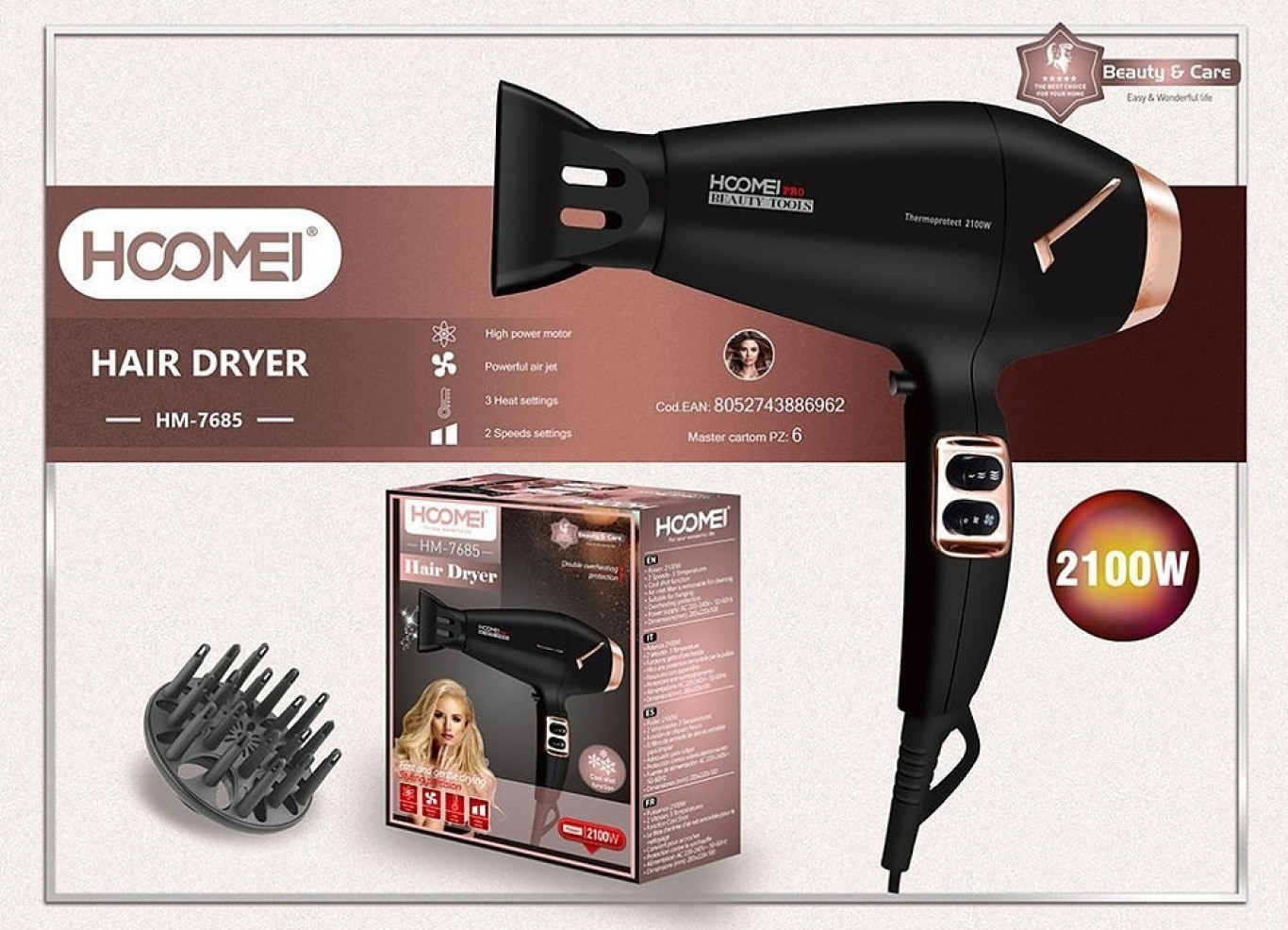 Επαγγελματικό Πιστολάκι Μαλλιών 2100W Hoomei® - Hair Dryer HM-7685